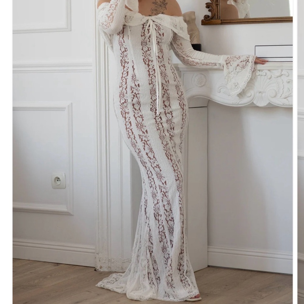 White Lace Off-Shoulder Dress. Clarisse Lace Maxi Dress - White
